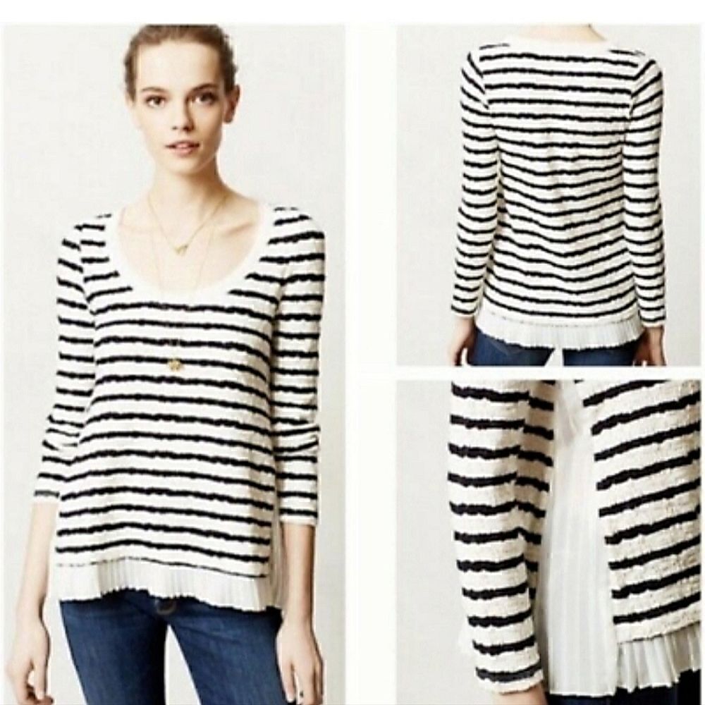 Anthropologie Postage Walkwrite Longsleeve Tee Pleated Inset Navy White Large P